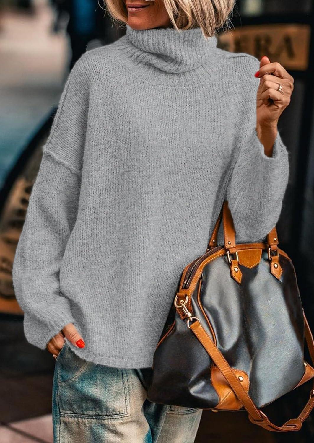 imagePRETTYGARDEN Womens Turtleneck Long Sleeve Sweater 2025 Fall Trendy Loose Fit Knit Tops Oversized Pullover SweatersLight Grey