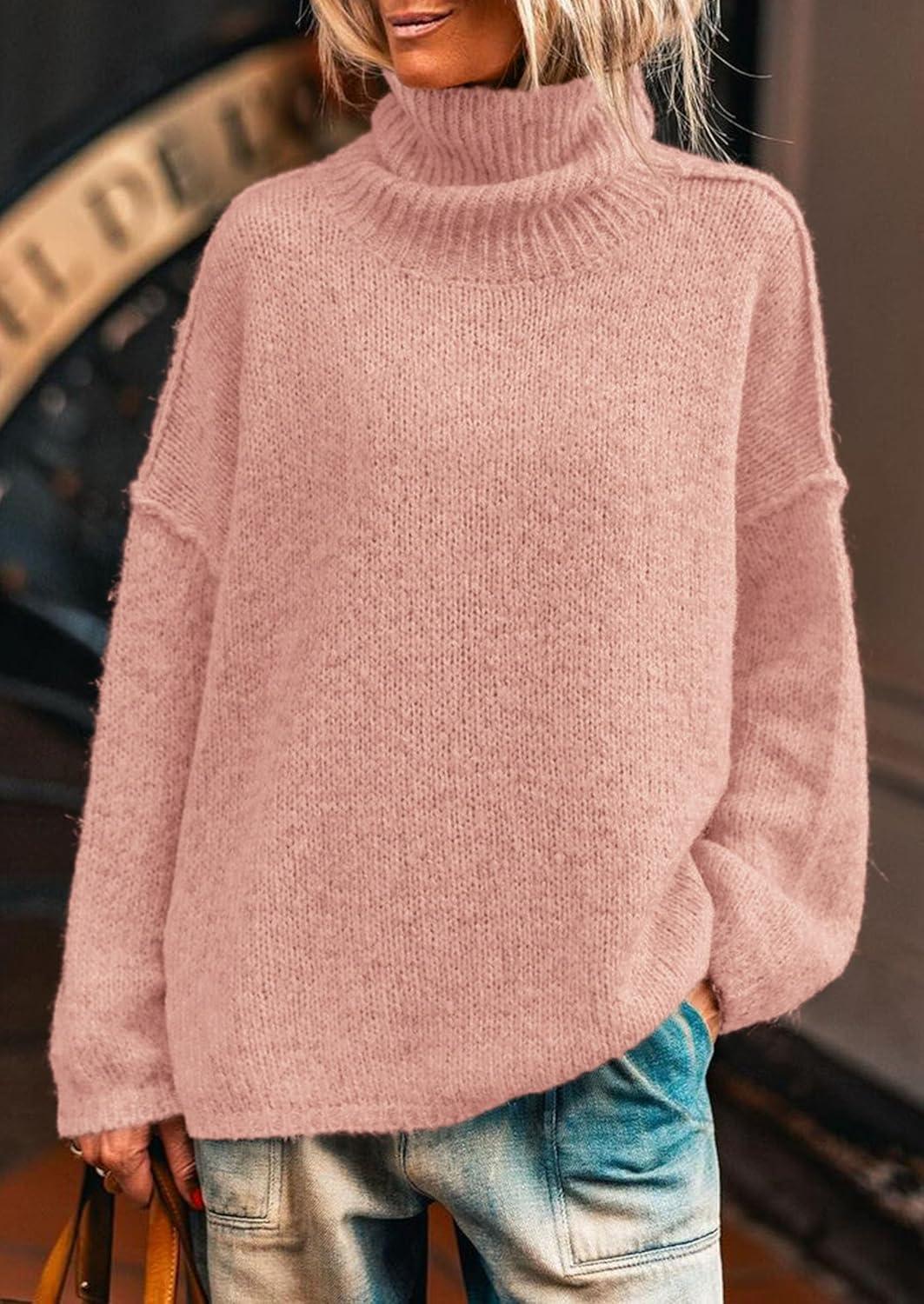 imagePRETTYGARDEN Womens Turtleneck Long Sleeve Sweater 2025 Fall Trendy Loose Fit Knit Tops Oversized Pullover SweatersPink