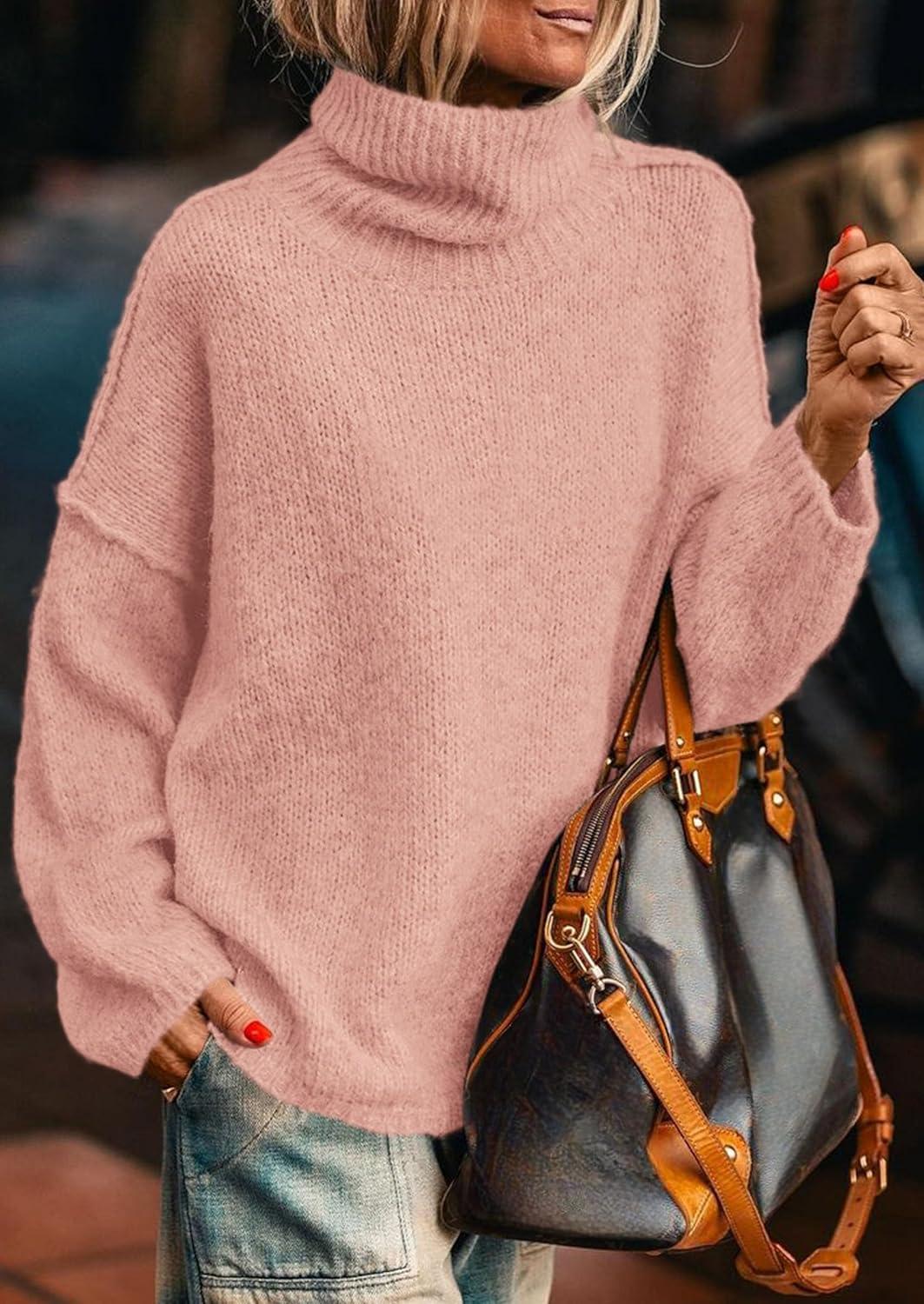 imagePRETTYGARDEN Womens Turtleneck Long Sleeve Sweater 2025 Fall Trendy Loose Fit Knit Tops Oversized Pullover SweatersPink