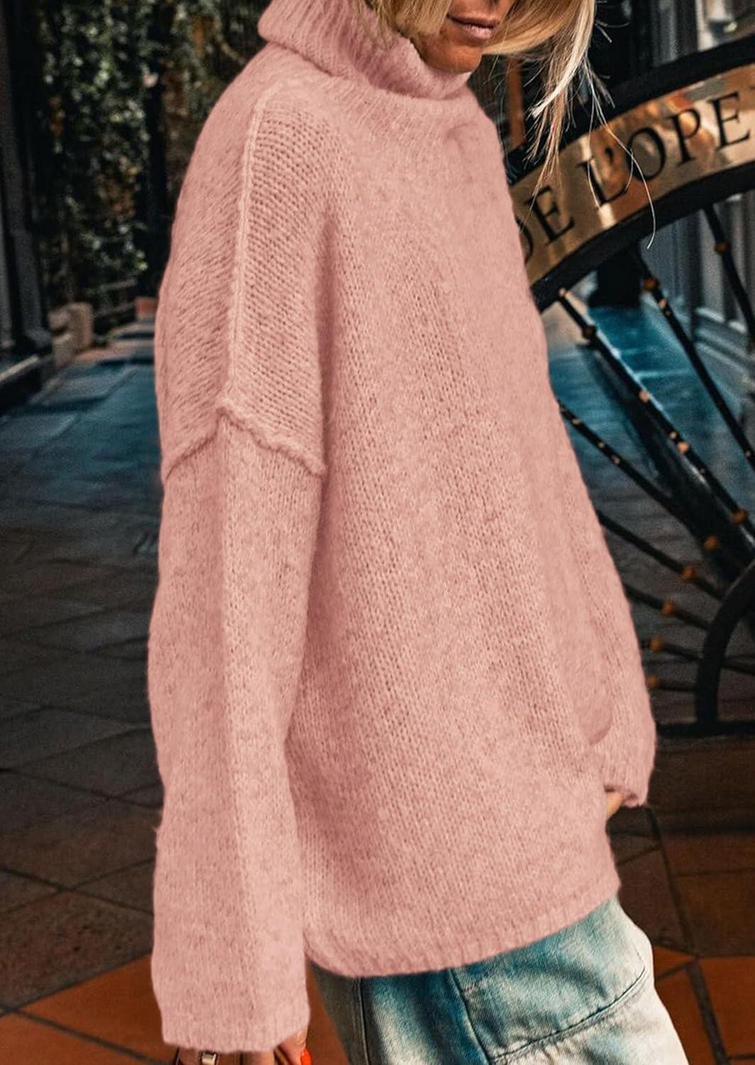 imagePRETTYGARDEN Womens Turtleneck Long Sleeve Sweater 2025 Fall Trendy Loose Fit Knit Tops Oversized Pullover SweatersPink