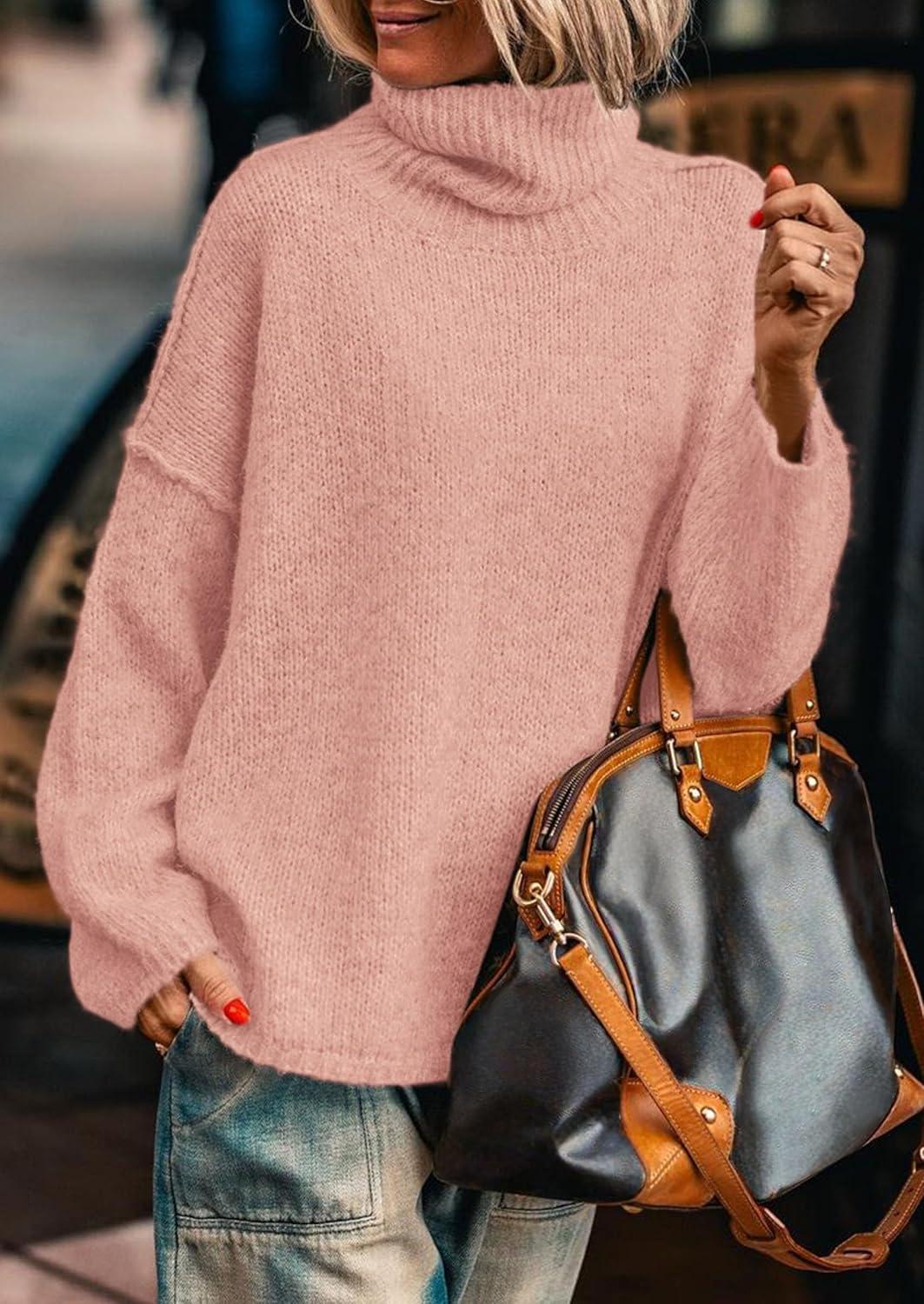 imagePRETTYGARDEN Womens Turtleneck Long Sleeve Sweater 2025 Fall Trendy Loose Fit Knit Tops Oversized Pullover SweatersPink