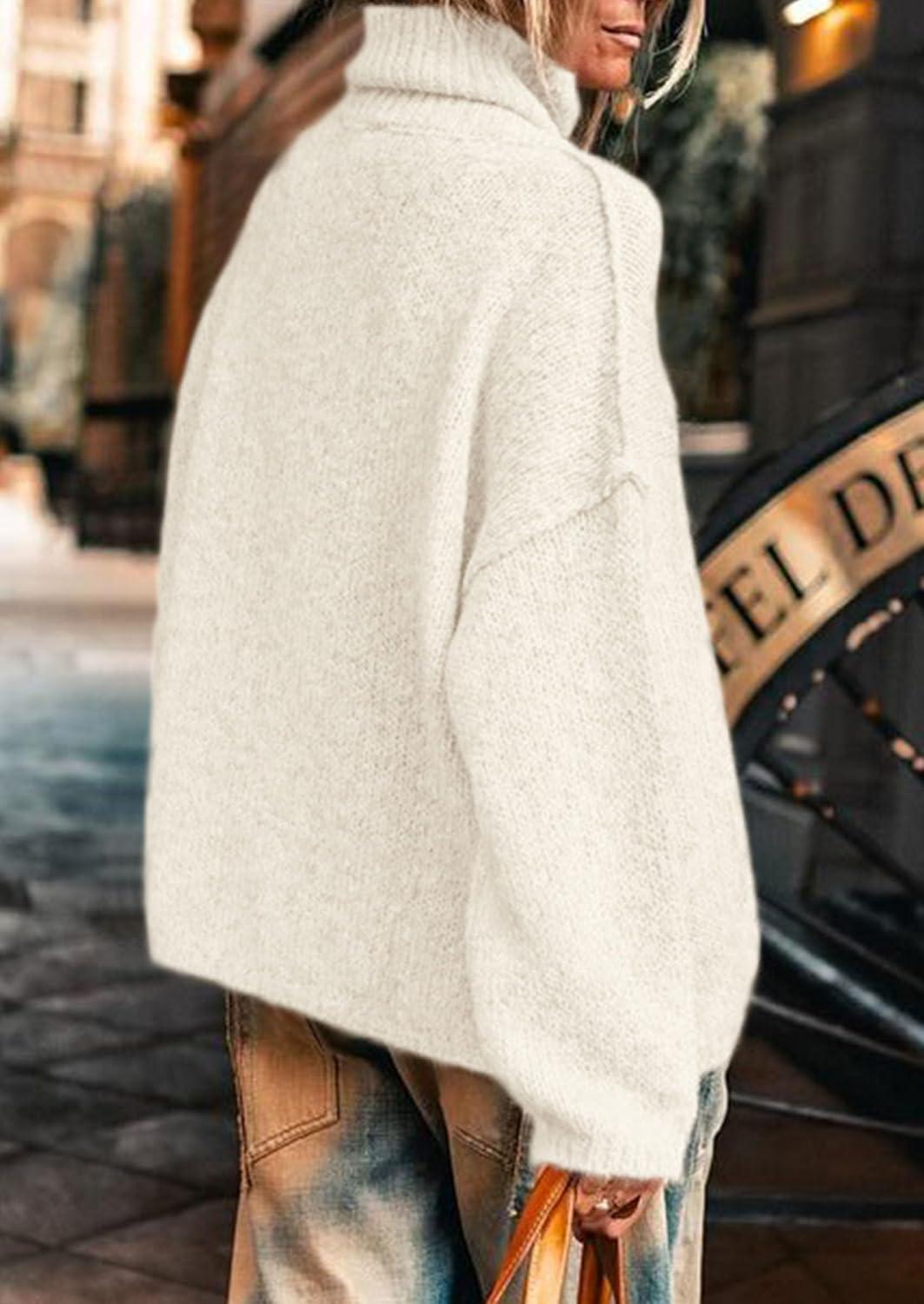 imagePRETTYGARDEN Womens Turtleneck Long Sleeve Sweater 2025 Fall Trendy Loose Fit Knit Tops Oversized Pullover SweatersWhite