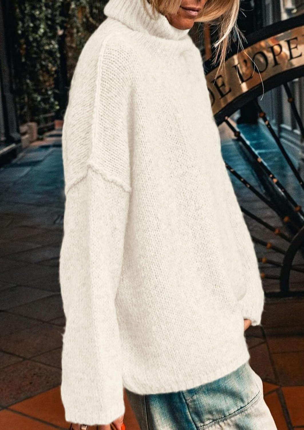 imagePRETTYGARDEN Womens Turtleneck Long Sleeve Sweater 2025 Fall Trendy Loose Fit Knit Tops Oversized Pullover SweatersWhite
