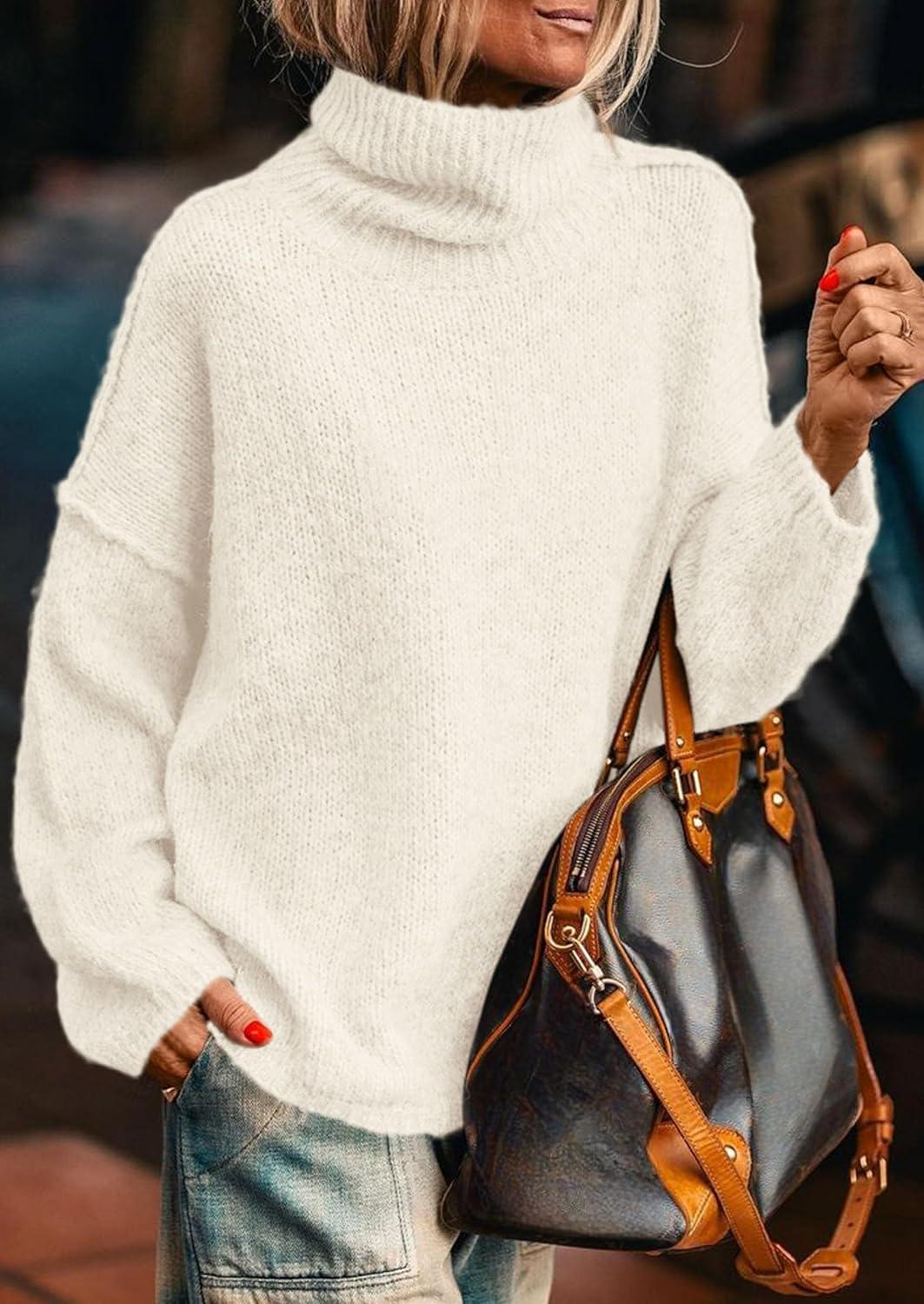 imagePRETTYGARDEN Womens Turtleneck Long Sleeve Sweater 2025 Fall Trendy Loose Fit Knit Tops Oversized Pullover SweatersWhite