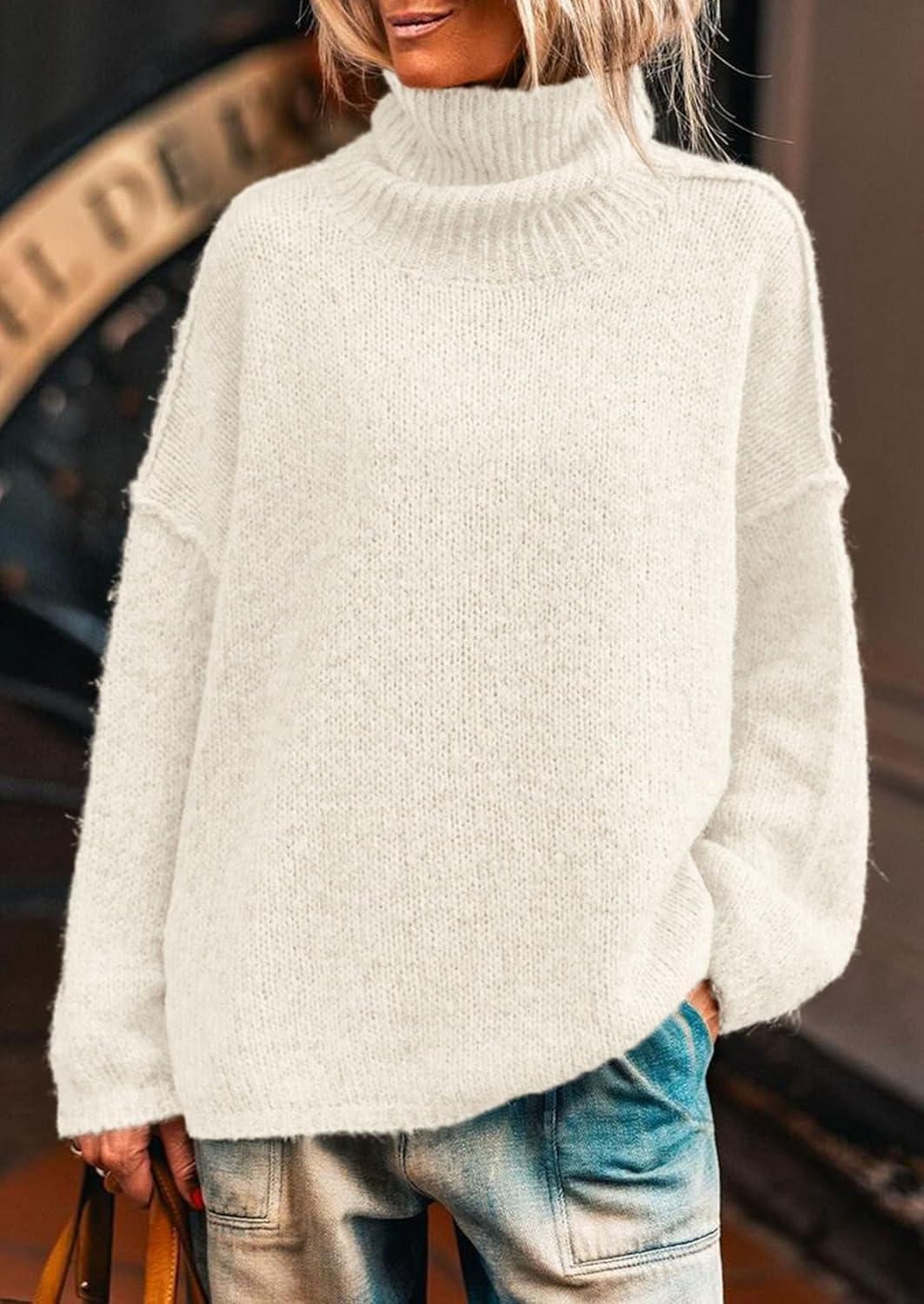 imagePRETTYGARDEN Womens Turtleneck Long Sleeve Sweater 2025 Fall Trendy Loose Fit Knit Tops Oversized Pullover SweatersWhite