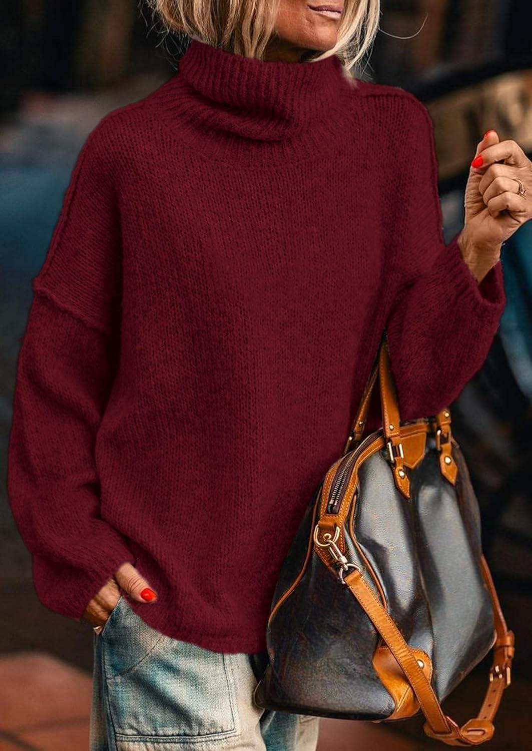 imagePRETTYGARDEN Womens Turtleneck Long Sleeve Sweater 2025 Fall Trendy Loose Fit Knit Tops Oversized Pullover SweatersWine Red