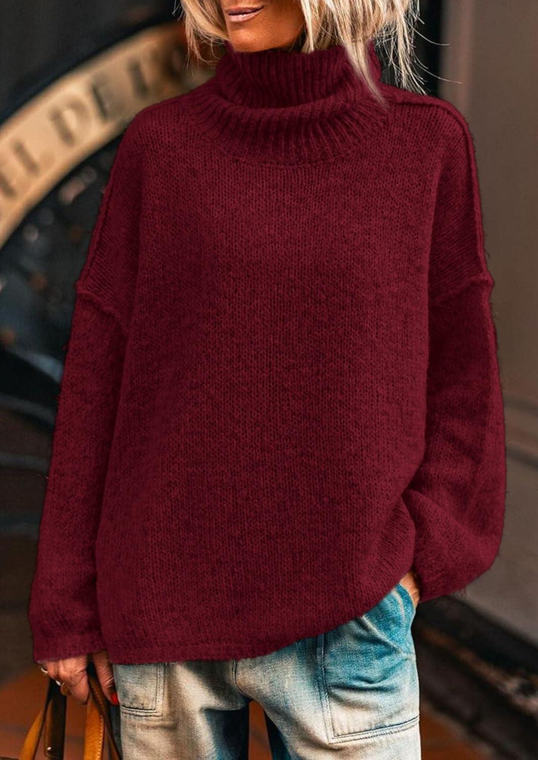 imagePRETTYGARDEN Womens Turtleneck Long Sleeve Sweater 2025 Fall Trendy Loose Fit Knit Tops Oversized Pullover SweatersWine Red