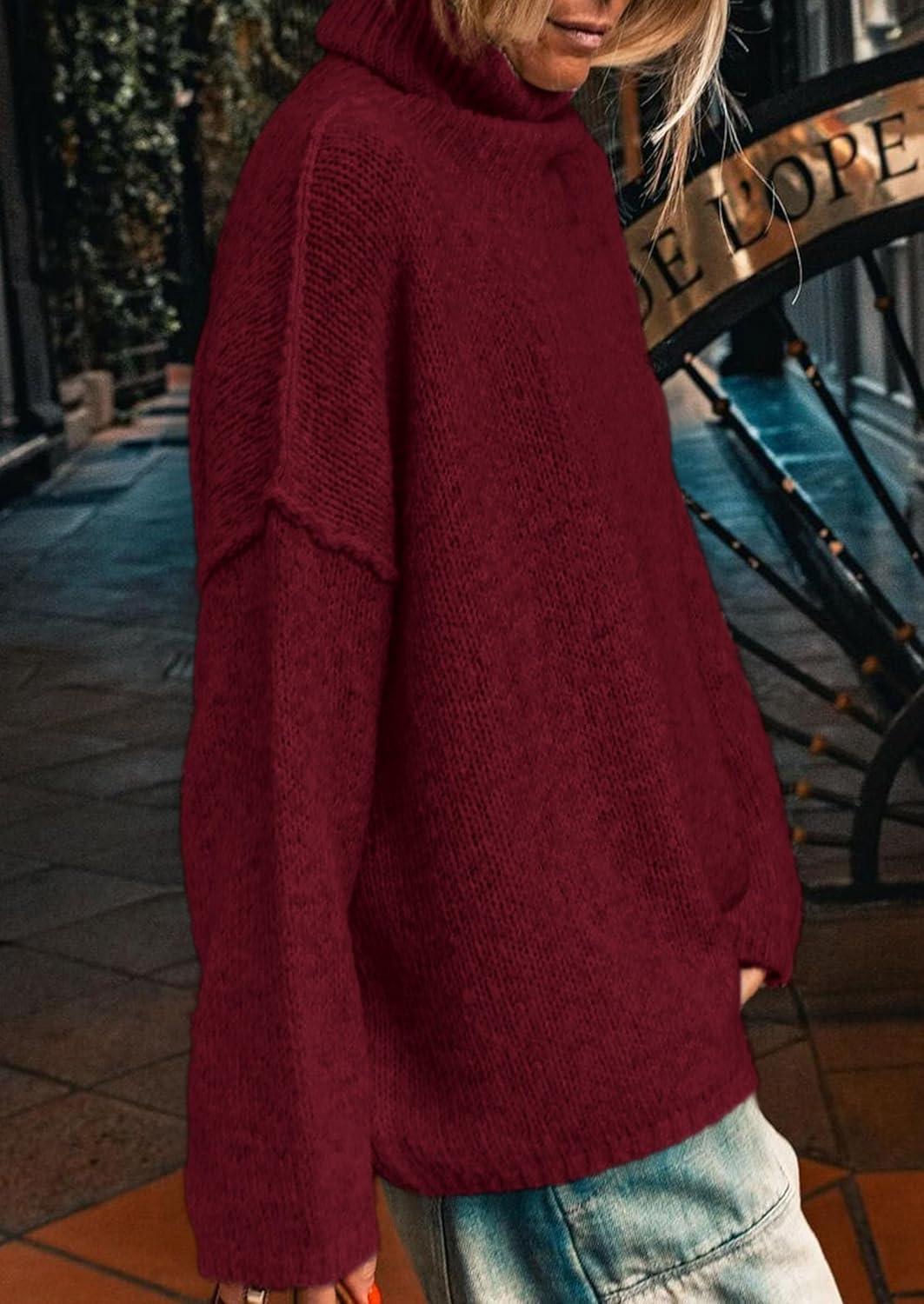 imagePRETTYGARDEN Womens Turtleneck Long Sleeve Sweater 2025 Fall Trendy Loose Fit Knit Tops Oversized Pullover SweatersWine Red