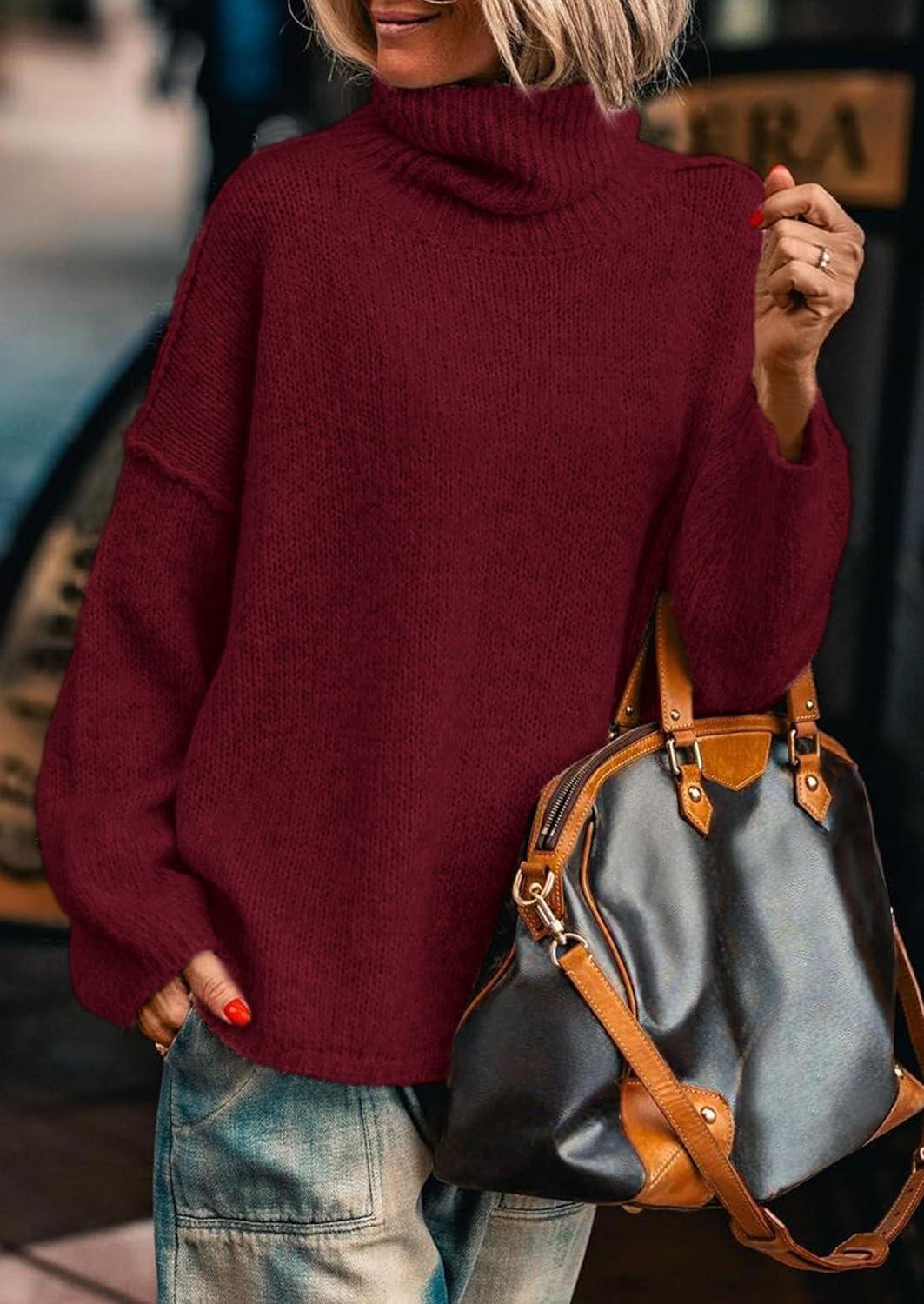 imagePRETTYGARDEN Womens Turtleneck Long Sleeve Sweater 2025 Fall Trendy Loose Fit Knit Tops Oversized Pullover SweatersWine Red