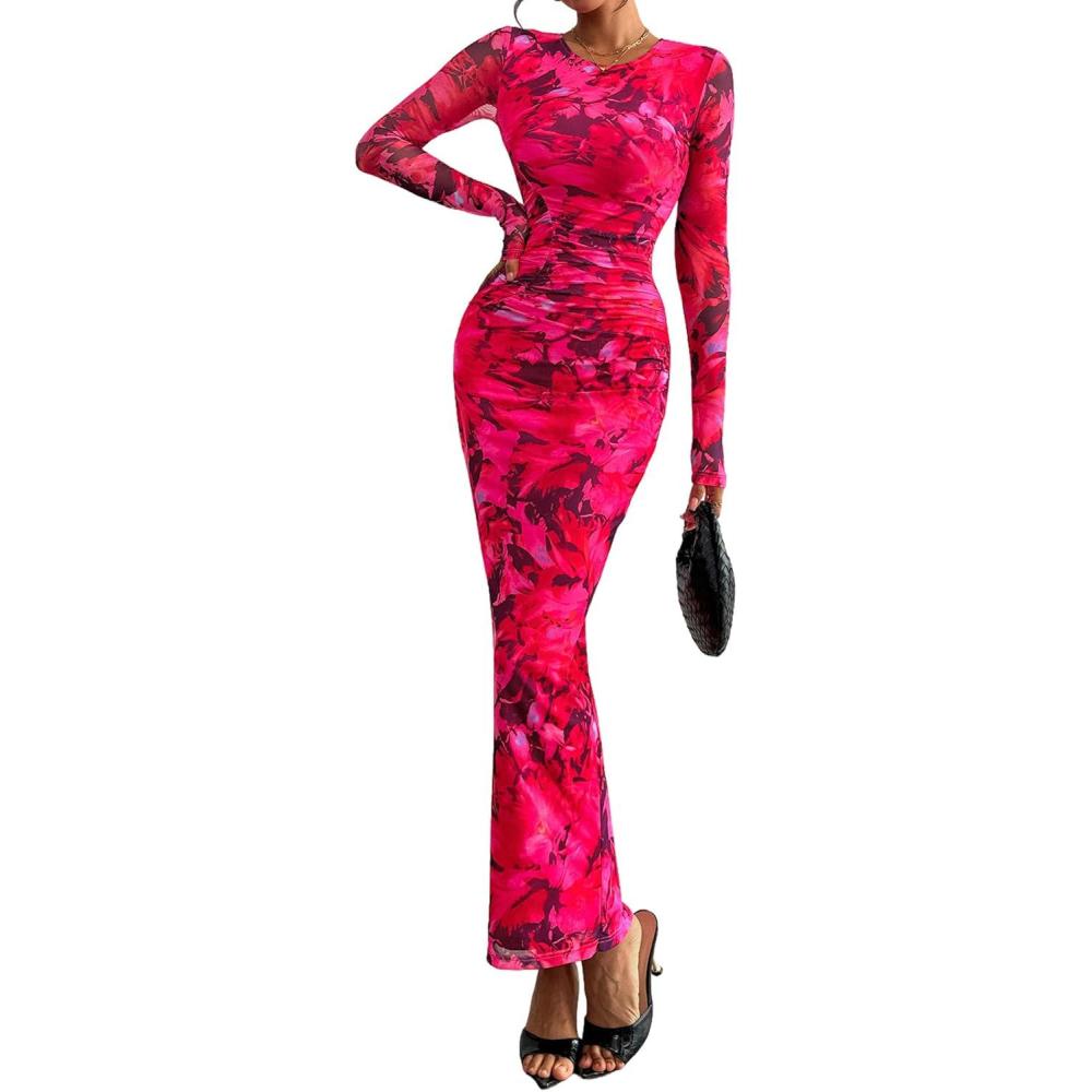 imagePRETTYGARDEN Fall Wedding Guest Dresses for Women 2025 Long Sleeve Ruched Sexy Bodycon Floral Mesh Cocktail Party Maxi DressRose Red Floral