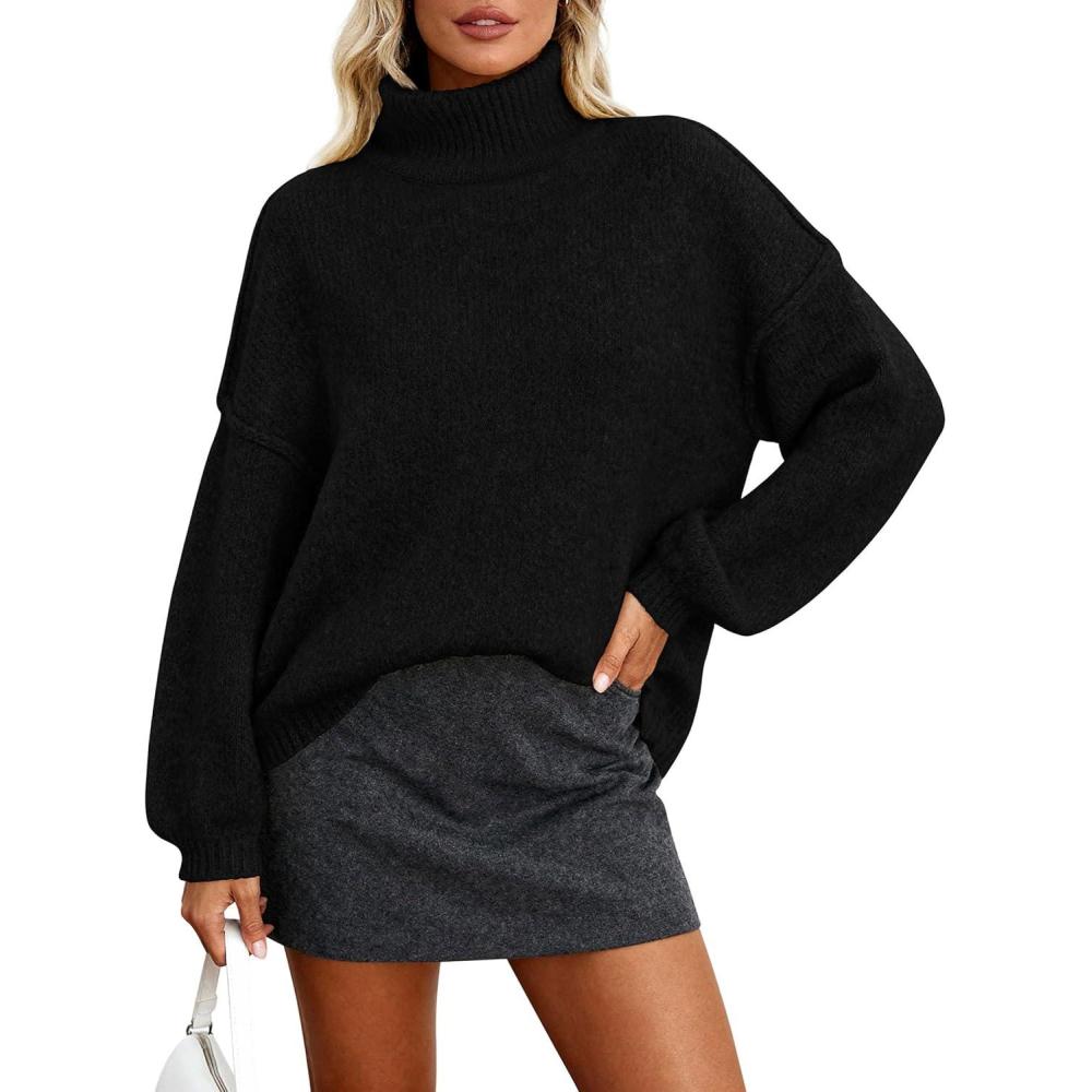 imagePRETTYGARDEN Oversized Sweaters for Women Fall Clothes 2025 Long Sleeve Mock Neck Tops Chunky Knit Pullover Winter ClothingBlack