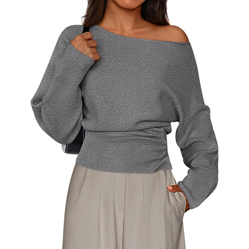 imagePRETTYGARDEN Women Off The Shoulder Sweater 2025 Fall Trendy Long Batwing Sleeve Knit Pullover Going Out Tops Winter ClothingGrey
