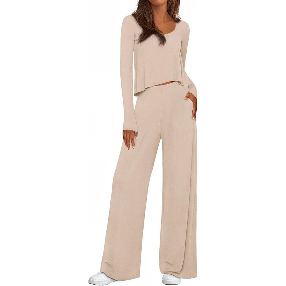 imagePRETTYGARDEN Womens 2 Piece Lounge Fall Sets 2025 Casual Long Sleeve Pajamas Comfy Pants Matching Travel Outfits ClothesBeige