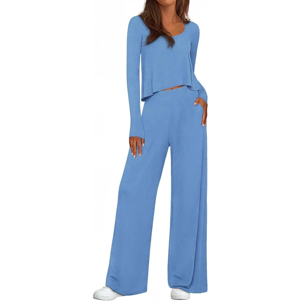 imagePRETTYGARDEN Womens 2 Piece Lounge Fall Sets 2025 Casual Long Sleeve Pajamas Comfy Pants Matching Travel Outfits ClothesBlue