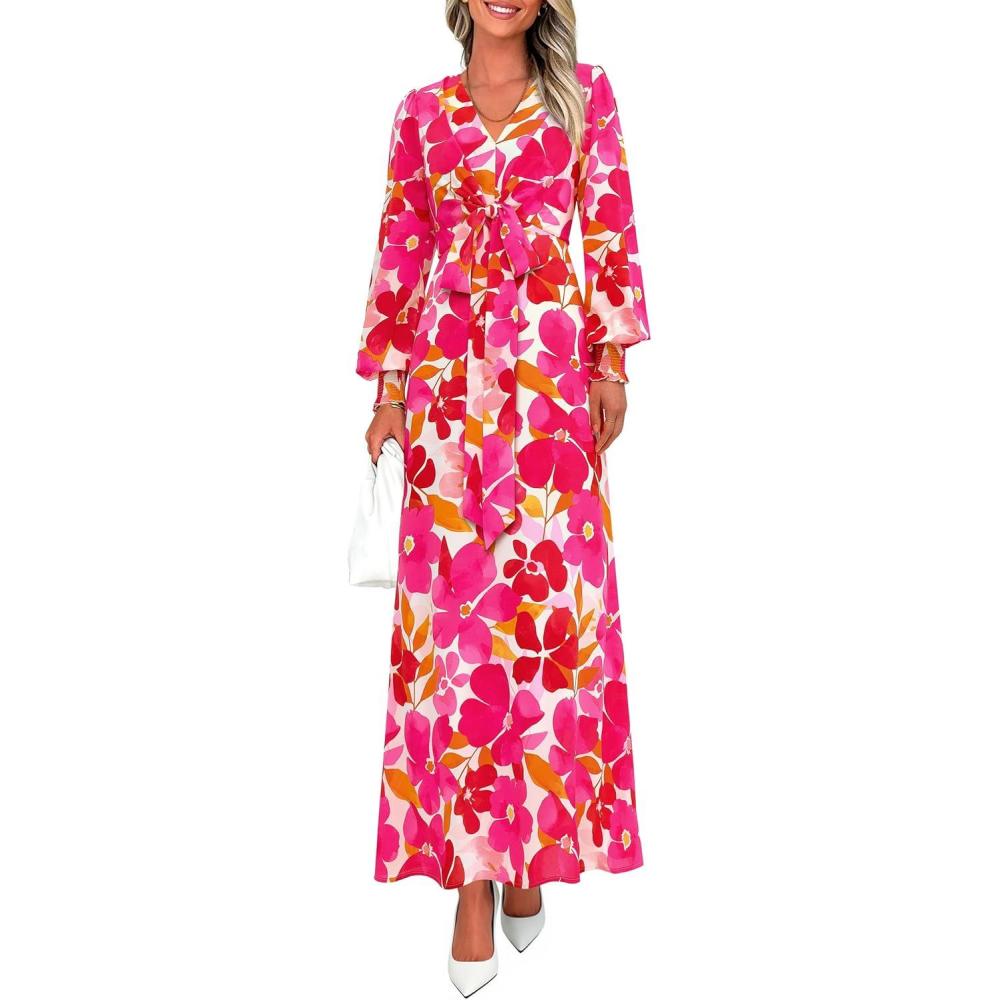 imagePRETTYGARDEN Womens 2025 Fall Wedding Guest Dresses Floral Long Sleeve V Neck Belted Long Flowy Boho Maxi DressFloral White Rose Red