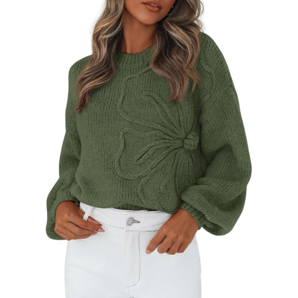 imagePRETTYGARDEN Womens Sweaters 2025 Fall Fashion Long Sleeve Crewneck Floral Knit Pullover Sweater Tops Winter ClothesArmy Green