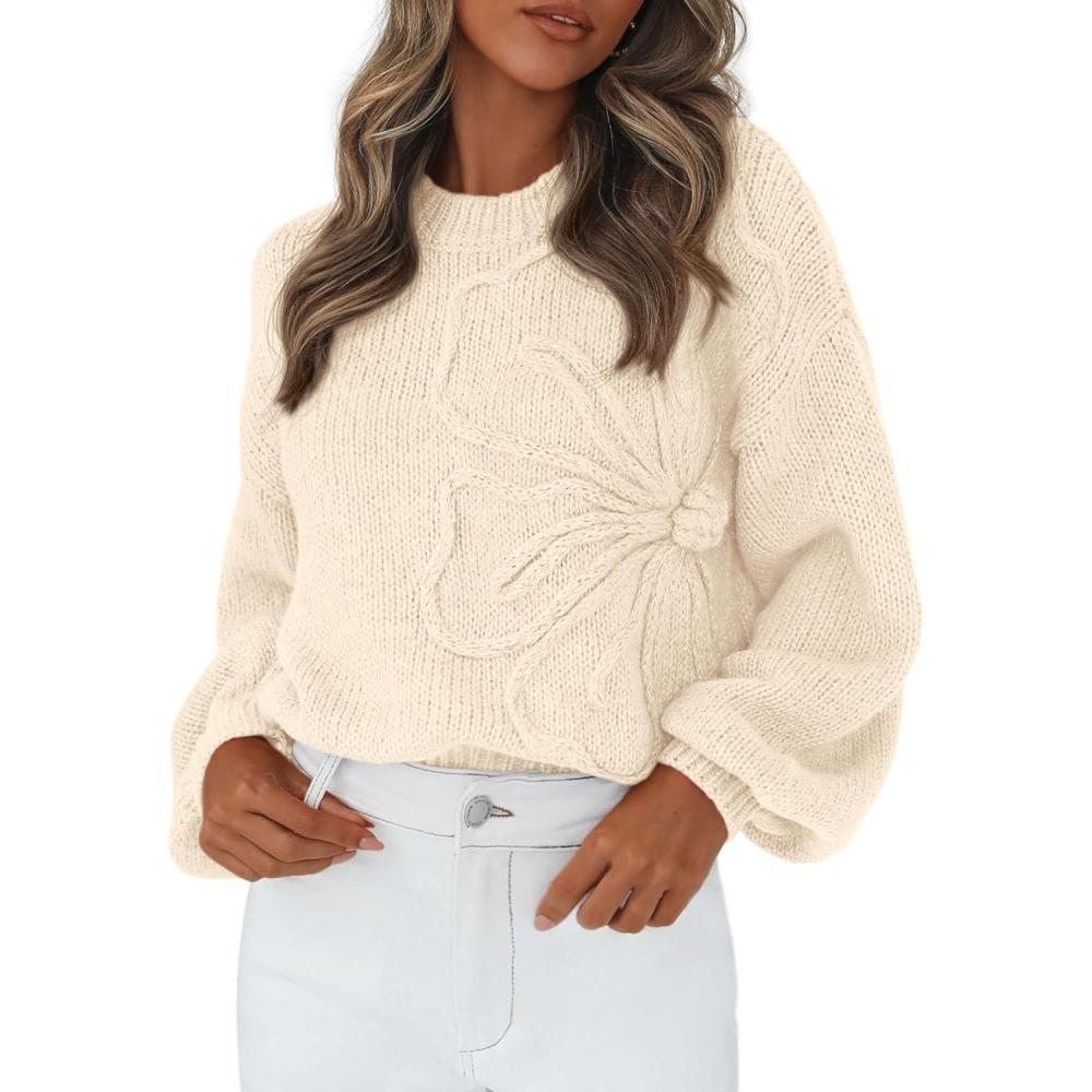 imagePRETTYGARDEN Womens Sweaters 2025 Fall Fashion Long Sleeve Crewneck Floral Knit Pullover Sweater Tops Winter ClothesBeige