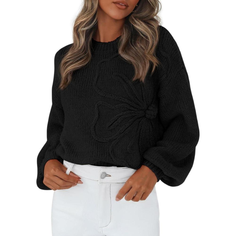 imagePRETTYGARDEN Womens Sweaters 2025 Fall Fashion Long Sleeve Crewneck Floral Knit Pullover Sweater Tops Winter ClothesBlack