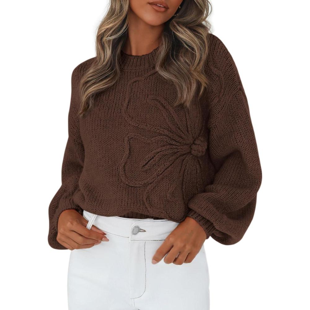 imagePRETTYGARDEN Womens Sweaters 2025 Fall Fashion Long Sleeve Crewneck Floral Knit Pullover Sweater Tops Winter ClothesBrown