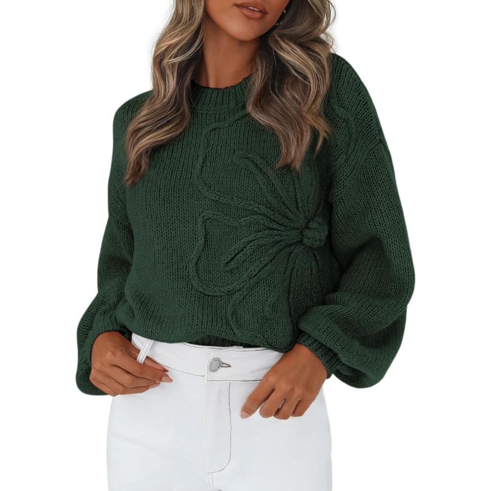 imagePRETTYGARDEN Womens Sweaters 2025 Fall Fashion Long Sleeve Crewneck Floral Knit Pullover Sweater Tops Winter ClothesDark Green