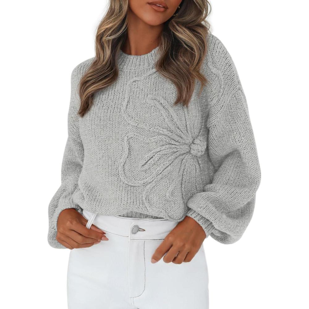 imagePRETTYGARDEN Womens Sweaters 2025 Fall Fashion Long Sleeve Crewneck Floral Knit Pullover Sweater Tops Winter ClothesLight Grey