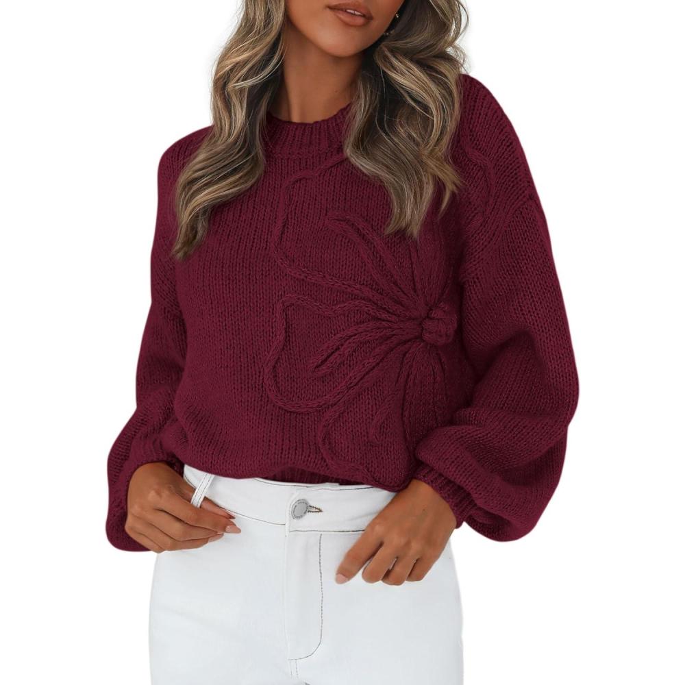 imagePRETTYGARDEN Womens Sweaters 2025 Fall Fashion Long Sleeve Crewneck Floral Knit Pullover Sweater Tops Winter ClothesWine Red
