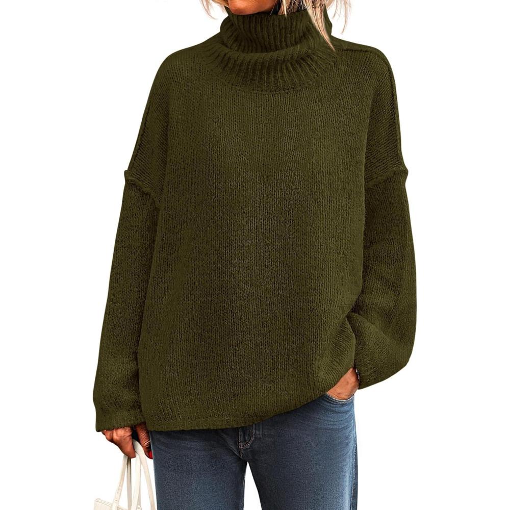 imagePRETTYGARDEN Womens Turtleneck Long Sleeve Sweater 2025 Fall Trendy Loose Fit Knit Tops Oversized Pullover SweatersArmy Green