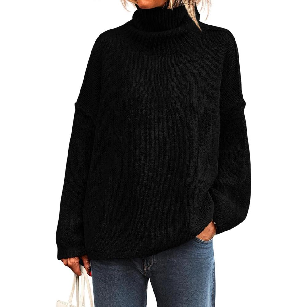 imagePRETTYGARDEN Womens Turtleneck Long Sleeve Sweater 2025 Fall Trendy Loose Fit Knit Tops Oversized Pullover SweatersBlack