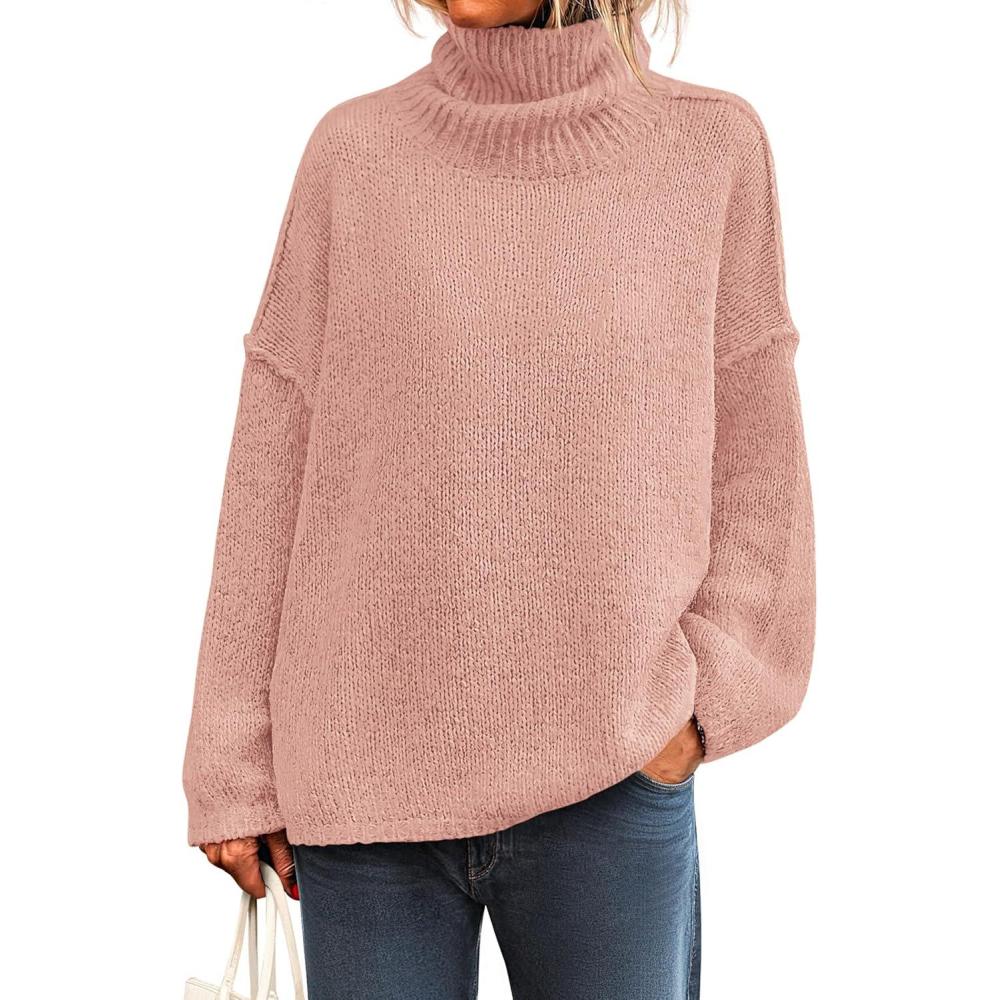imagePRETTYGARDEN Womens Turtleneck Long Sleeve Sweater 2025 Fall Trendy Loose Fit Knit Tops Oversized Pullover SweatersPink