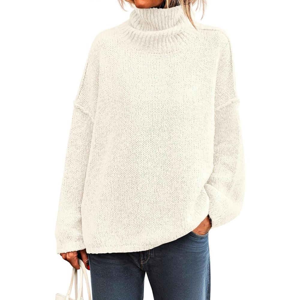 imagePRETTYGARDEN Womens Turtleneck Long Sleeve Sweater 2025 Fall Trendy Loose Fit Knit Tops Oversized Pullover SweatersWhite