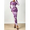 imagePRETTYGARDEN Fall Wedding Guest Dresses for Women 2025 Long Sleeve Ruched Sexy Bodycon Floral Mesh Cocktail Party Maxi DressGrey Purple Floral
