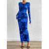 imagePRETTYGARDEN Fall Wedding Guest Dresses for Women 2025 Long Sleeve Ruched Sexy Bodycon Floral Mesh Cocktail Party Maxi DressNavy Blue Floral