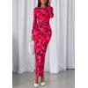 imagePRETTYGARDEN Fall Wedding Guest Dresses for Women 2025 Long Sleeve Ruched Sexy Bodycon Floral Mesh Cocktail Party Maxi DressRose Red Floral