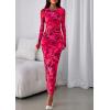 imagePRETTYGARDEN Fall Wedding Guest Dresses for Women 2025 Long Sleeve Ruched Sexy Bodycon Floral Mesh Cocktail Party Maxi DressRose Red Floral
