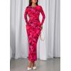 imagePRETTYGARDEN Fall Wedding Guest Dresses for Women 2025 Long Sleeve Ruched Sexy Bodycon Floral Mesh Cocktail Party Maxi DressRose Red Floral
