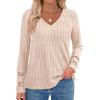 imagePRETTYGARDEN Womens Long Sleeve Shirts Ribbed Knit V Neck Tee Dressy Casual Blouses Going Out Tunic Tops 2025 Fall OutfitsApricot