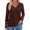 imagePRETTYGARDEN Womens Long Sleeve Shirts Ribbed Knit V Neck Tee Dressy Casual Blouses Going Out Tunic Tops 2025 Fall OutfitsBrown