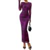 imagePRETTYGARDEN Fall Wedding Guest Dresses for Women 2025 Long Sleeve Ruched Sexy Bodycon Floral Mesh Cocktail Party Maxi DressPurple Floral