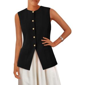 imagePRETTYGARDEN Blazer Vest Tops for Women Sleeveless Button Down Business Casual Outfits Work Suit Vests WaistcoatBlack