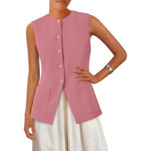 imagePRETTYGARDEN Blazer Vest Tops for Women Sleeveless Button Down Business Casual Outfits Work Suit Vests WaistcoatPink