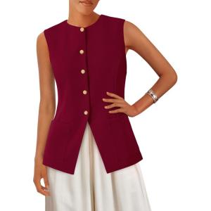 imagePRETTYGARDEN Blazer Vest Tops for Women Sleeveless Button Down Business Casual Outfits Work Suit Vests WaistcoatWine Red