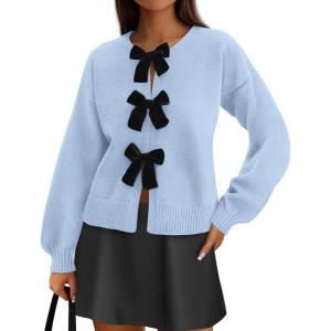 imagePRETTYGARDEN Cardigan Sweaters for Women Fall Fashion 2025 Bow Tie Front Long Sleeve Knit Sweater Tops Cute Winter ClothesLight Blue