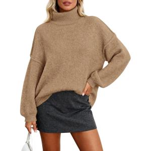 imagePRETTYGARDEN Oversized Sweaters for Women Fall Clothes 2025 Long Sleeve Mock Neck Tops Chunky Knit Pullover Winter ClothingKhaki