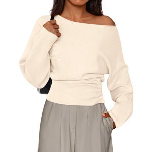 imagePRETTYGARDEN Women Off The Shoulder Sweater 2025 Fall Trendy Long Batwing Sleeve Knit Pullover Going Out Tops Winter ClothingBeige