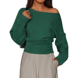 imagePRETTYGARDEN Women Off The Shoulder Sweater 2025 Fall Trendy Long Batwing Sleeve Knit Pullover Going Out Tops Winter ClothingGreen