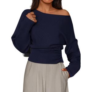 imagePRETTYGARDEN Women Off The Shoulder Sweater 2025 Fall Trendy Long Batwing Sleeve Knit Pullover Going Out Tops Winter ClothingNavy Blue