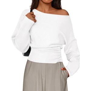 imagePRETTYGARDEN Women Off The Shoulder Sweater 2025 Fall Trendy Long Batwing Sleeve Knit Pullover Going Out Tops Winter ClothingWhite