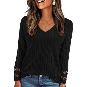imagePRETTYGARDEN Womens Long Sleeve Shirts Ribbed Knit V Neck Tee Dressy Casual Blouses Going Out Tunic Tops 2025 Fall OutfitsBlack