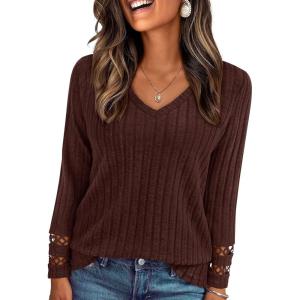 imagePRETTYGARDEN Womens Long Sleeve Shirts Ribbed Knit V Neck Tee Dressy Casual Blouses Going Out Tunic Tops 2025 Fall OutfitsBrown