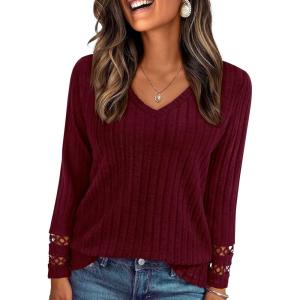 imagePRETTYGARDEN Womens Long Sleeve Shirts Ribbed Knit V Neck Tee Dressy Casual Blouses Going Out Tunic Tops 2025 Fall OutfitsBurgundy